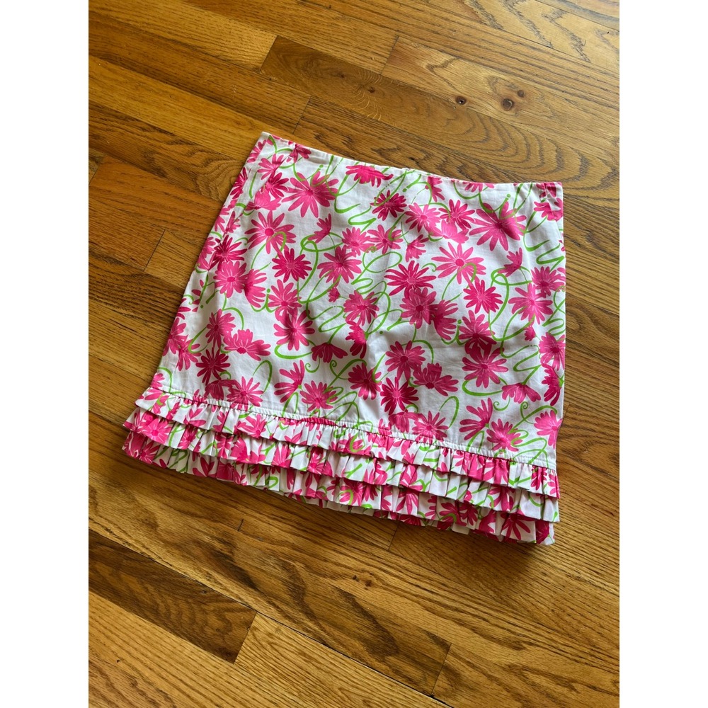Lilly‎ Pulitzer Pink Floral Ruffle Mini Skirt White Green Daisy Preppy b4